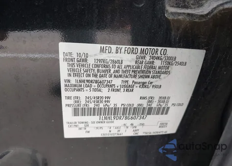 2011 Lincoln Mks z USA, uszkodzony, nr VIN 1LNHL9DR7BG607347